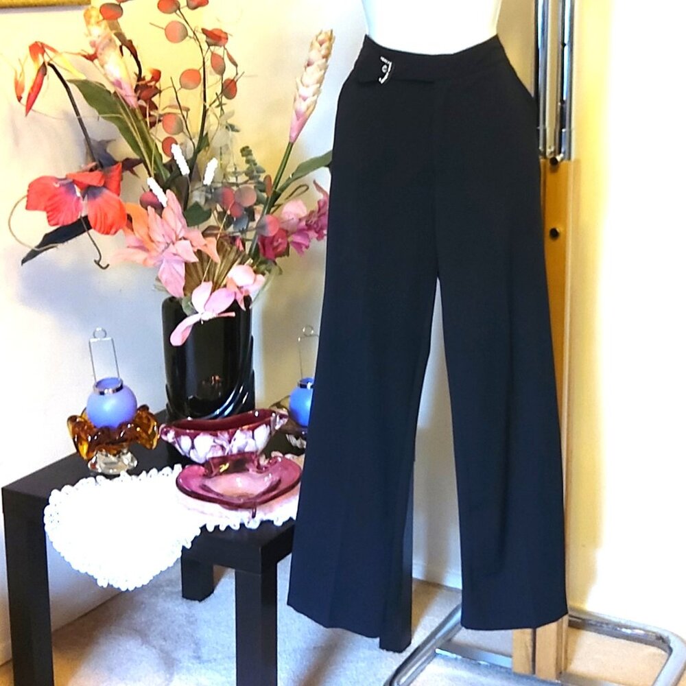 NEW Petite Women's Navy Blue High Waisted Pants Wide-Leg Trousers Size 10